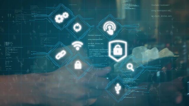 Animation of icons and data processing over mid section of bartender putting ice in cocktail shaker