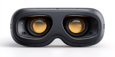 Closeup of a black virtual reality headset with golden lenses, showcasing advanced technology for immersive experiences