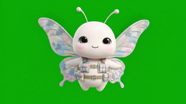 A cute cartoon bug toy with iridescent wings on a green background