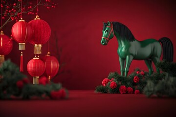 Green horse with Lanterns on Red Background