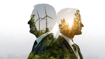 Double exposure image showcasing a fusion of nature and business, representing sustainability, renewable energy, and innovation through windmills and lush greenery.