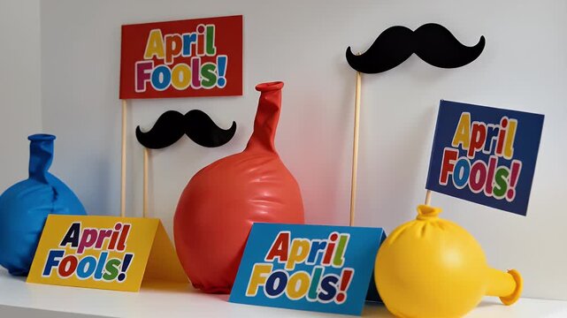 Colorful April Fools' Day decorations featuring signs, mustache props, and deflated balloons on a white surface, ready for a playful celebration.