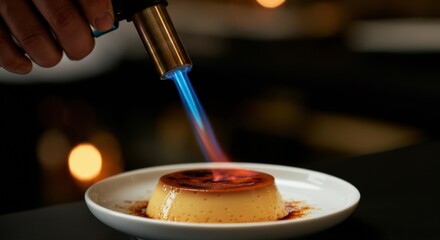 Crème brûlée being caramelized with a culinary torch to finish on a glossy plate