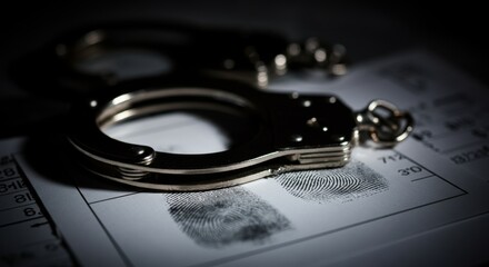 Handcuffs resting on fingerprint form with dark moody forensic composition