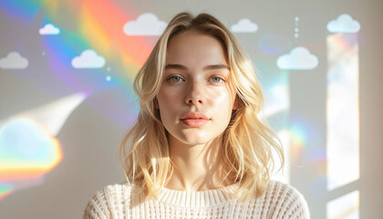 Fototapeta premium Serene Beauty and Nature's Embrace: A portrait of a woman bathed in the soft glow of natural light, adorned with the ethereal dance of a rainbow and gentle clouds, a portrait of calm and joy.