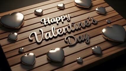 Happy Valentine's Day text with heart shapes on a wooden plank background for romance.