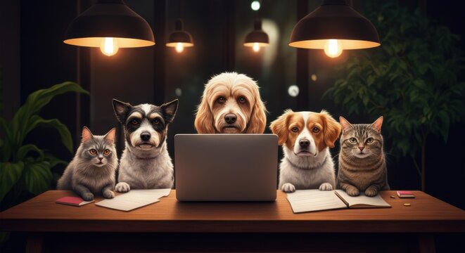 Pets gathered around a laptop on a wooden desk under warm pendant lights