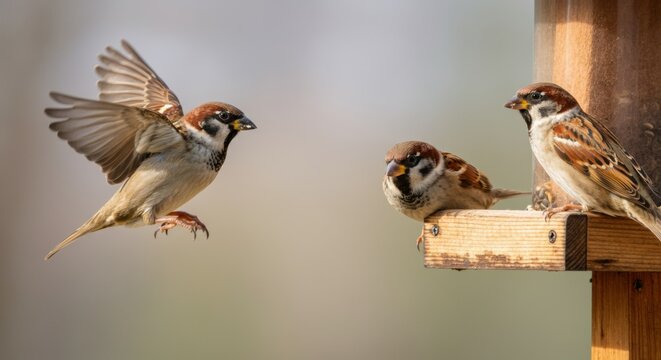 Sparrows at wooden feeder with one bird landing and two perched on blurred backdrop