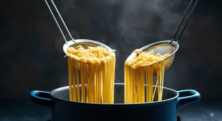 Spaghetti strands lift from a steaming pot in Italian culinary scene for home cooks