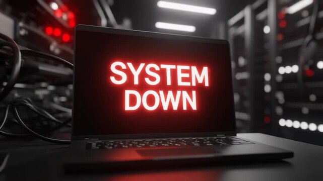 Laptop screen glowing red inside a server room, system failure and cybersecurity alert concept representing technical error and digital crisis.