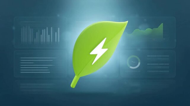 A vibrant green leaf icon with a lightning bolt symbolizing clean energy and sustainability in a digital environment.