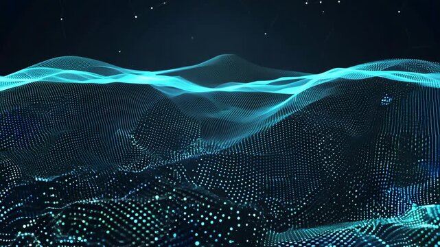 Abstract representation of a digital landscape featuring dynamic waves of interconnected points and lines, illuminated in blue against a dark background. the composition evokes themes of technology, d