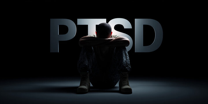 Soldier sitting in darkness with large PTSD text, symbolizing mental health struggles and trauma after military service