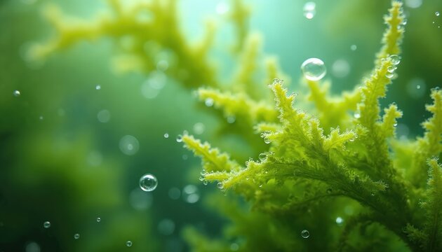 Seaweed Ulva lactuca algae sways underwater with many bubbles. Green lush plant under sea. Shot of atlantic ocean flora in spain galicia. Algae is moving in clear water marine habitat.