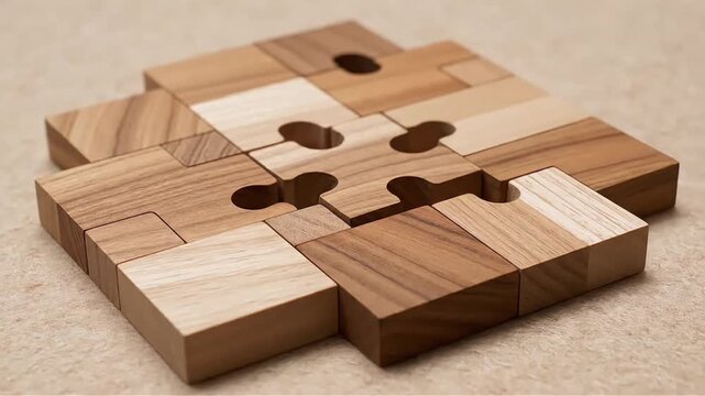 Wooden puzzle pieces interlocking forming a square shape on textured background concept