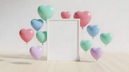 Pastel heart-shaped balloons float around a blank white frame for a festive display.