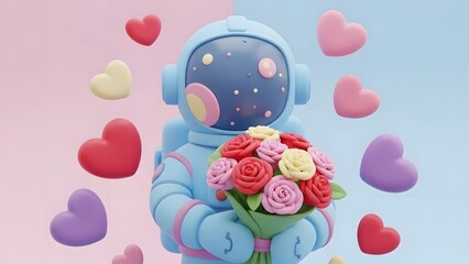 Cute astronaut holding a bouquet of roses surrounded by floating hearts on a split pink and blue background.