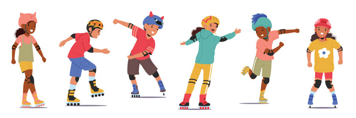 Cute happy kids cartoon characters wearing protective gear and helmets riding roller skates set