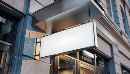 Fototapeta premium Modern blank white rectangular shop sign mockup hanging prominently above a contemporary storefront entrance, ideal for branding, advertising, and business identity display in an urban environment