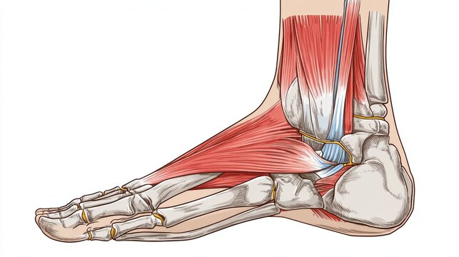 Detailed anatomical illustration of the human foot and ankle muscles and bones