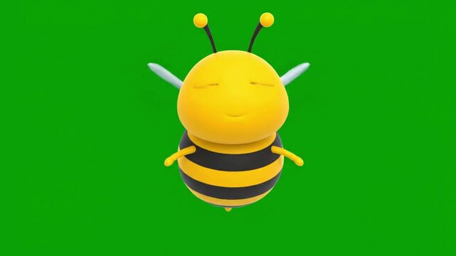 A cheerful cartoon bee with a smiley face on a solid green background