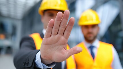Construction worker in yellow hard hat and safety vest signals stop with hand