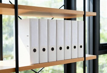 Row of White Office Binders on Wooden Shelf in Modern Bright Office 