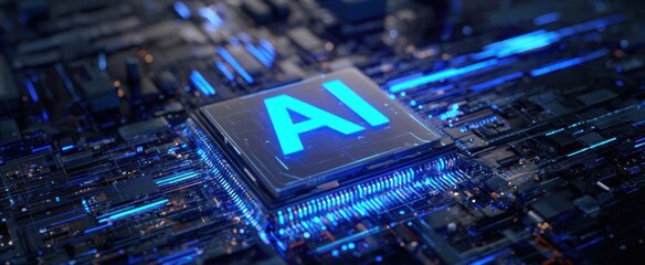 The AI chip glowing on a futuristic circuit board with neon blue circuitry