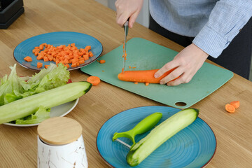 Female in casual blue shirt washing lettuce, tomato and carrot vegetables at sink on counter. White woman hands rinsing greens fresh produce, preparing salads at bright modern kitchen. Meal prep