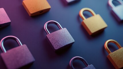 Multiple padlocks arranged in a pattern with dramatic lighting and vibrant colors