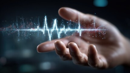 Digital heartbeat waveform glowing in a human hand with futuristic technology elements