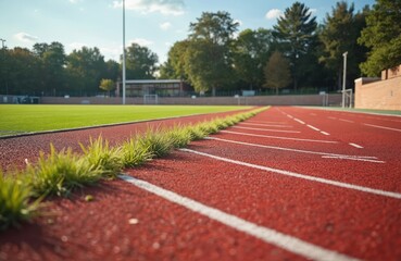 Red running track with white lane markings at outdoor sports complex. Green football field and tall trees add contrast. Athletic facility ideal for fitness and training sessions