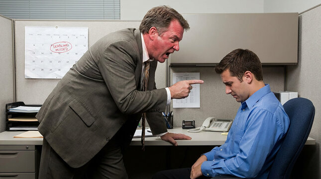 Boss threatening with finger his employee in office. Angry mean boss yelling at employee for missing deadline 