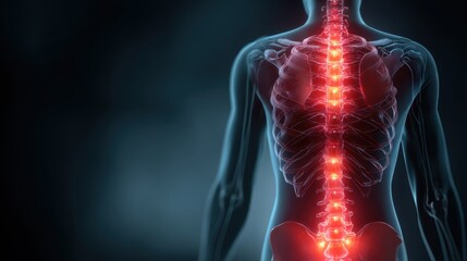 Close-up view of a glowing red human spine and rib cage against a dark background
