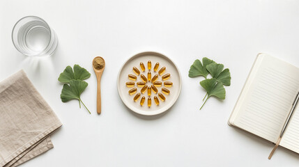 Natural herbal supplements daily wellness routine flat lay with yellow gel capsules, ginkgo biloba leaves, wooden spoon, open notebook and water glass on white background.