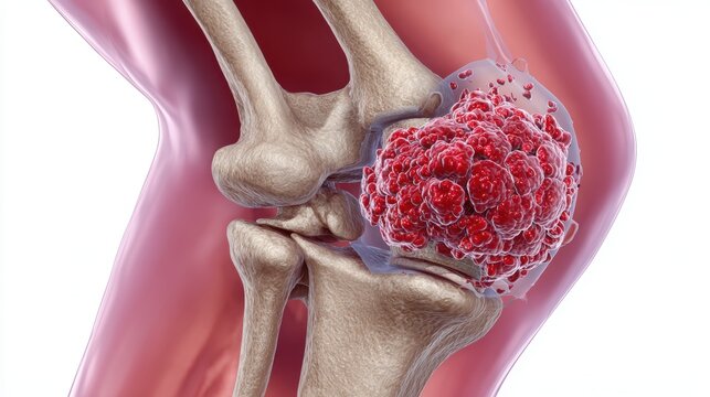 3D medical illustration of a cancerous tumor growing on the knee joint bones
