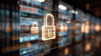 Digital padlock icon glowing on a futuristic data server background with network lines