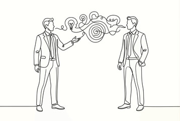 Continuous line drawing of two businessmen discussing ideas with lightbulb and speech bubble symbols, representing brainstorming, collaboration and professional communication flow.