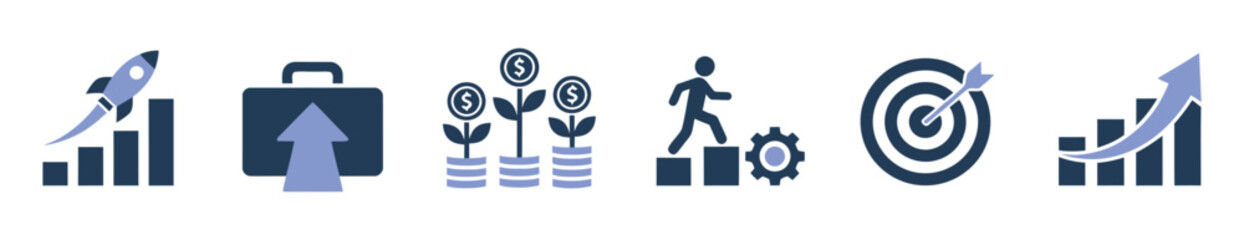 Fototapeta premium Business growth and data analysis vector icon set. Progress bar, bar chart, investment growth plant with coins, and pie chart isolated on transparent background