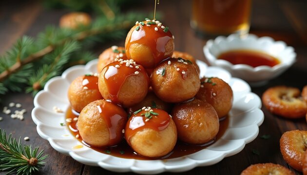Golden luqaimat drizzled with date syrup served on a plate. These sweet fried dough balls are sprinkled with sesame. Traditional dessert is popular Middle Eastern cuisine served at festive occasions.