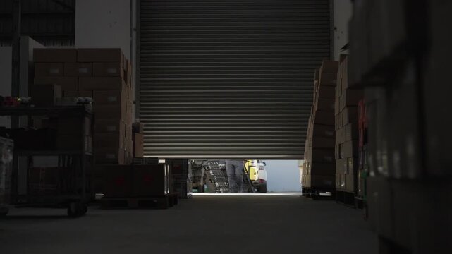 Inside view of a factory roller door opening with an employee and a truck on the other side