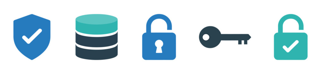 Collection of blue and teal security and protection icons on transparent background