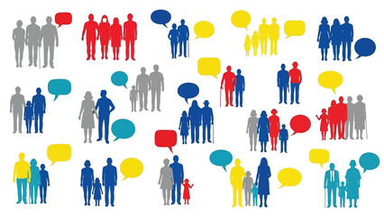 Collection of diverse human silhouettes representing various family structures and demographics engaging in communication through colorful speech bubbles in a graphic design.