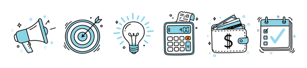 Business doodle line icon set isolated on transparent background. Hand drawn Business related elements can be used in marketing