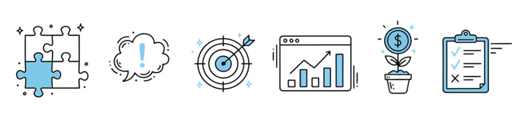 Business doodle line icon set isolated on transparent background. Hand drawn Business related elements can be used in marketing