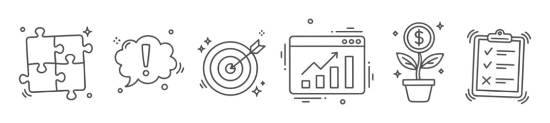 Business doodle line icon set isolated on transparent background. Hand drawn Business related elements can be used in marketing