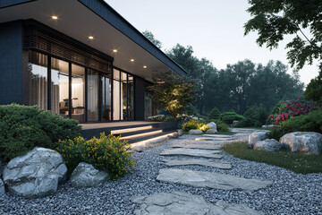 Fototapeta premium Modern House with Natural Garden and Stone Pathway