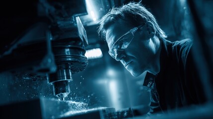 A man wearing safety glasses intently watches a milling machine operate creating sparks