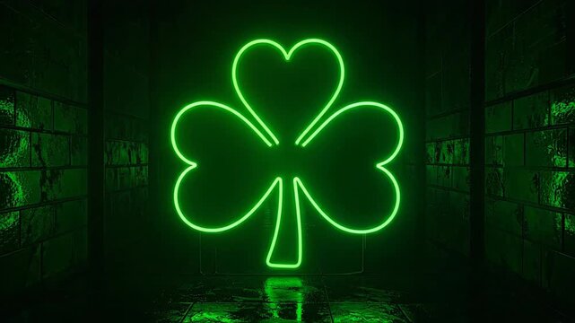 Glowing neon sham illuminates a dark, textured green brick corridor, creating a festive atmosphere.