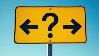 Yellow road sign with a question mark and arrows pointing left and right. Sign displayed against a clear blue sky. Symbol of choice and navigation.